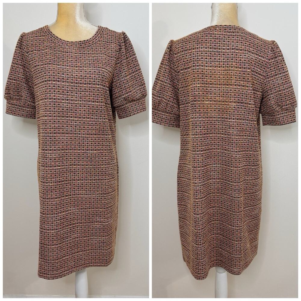 NWT LOFT Tweed Puff Sleeve Shift Dress Size L Multicolor